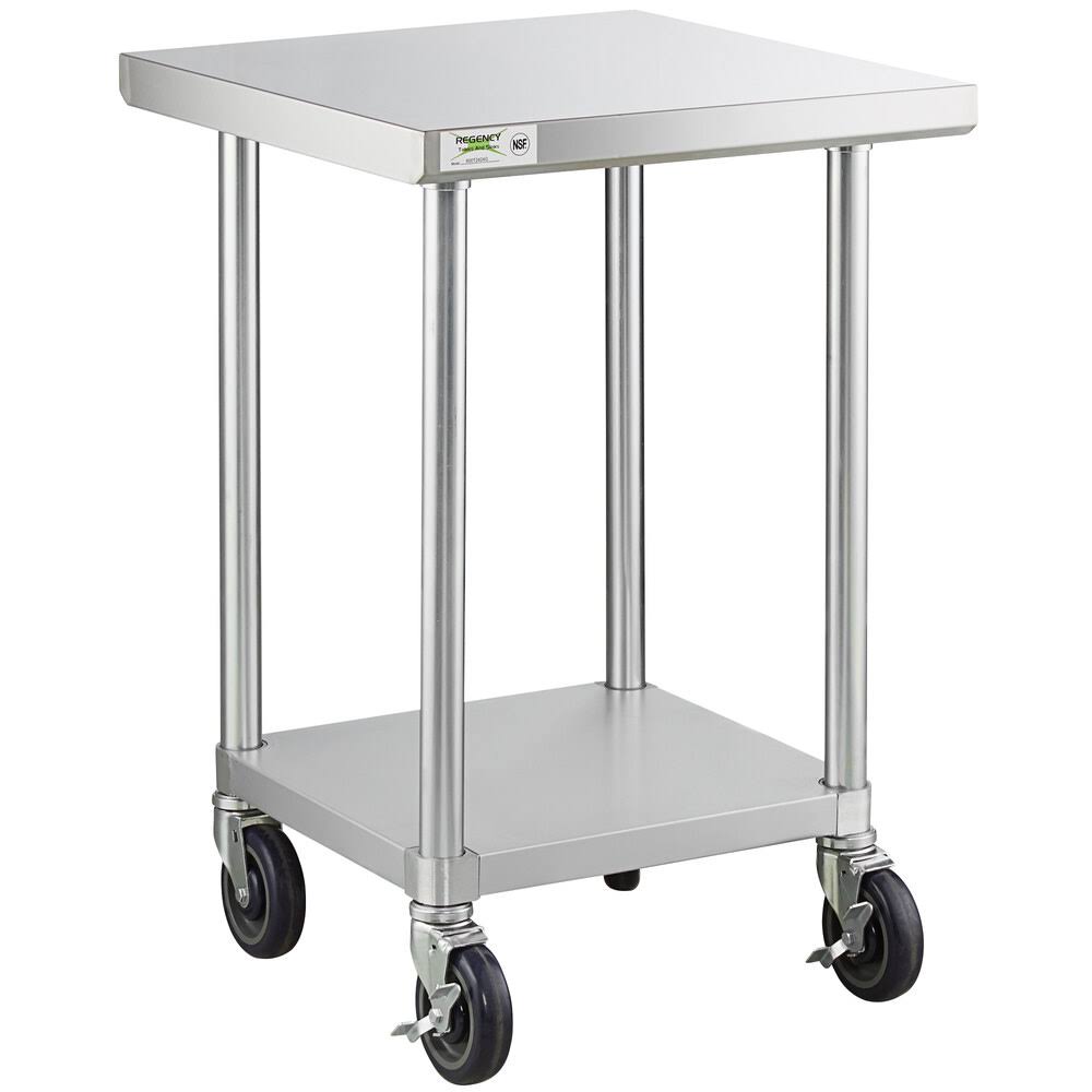 24 X 24 18-Gauge 304 Stainless Steel Commercial Work Table With Galvanized Legs, Undershelf, And Casters