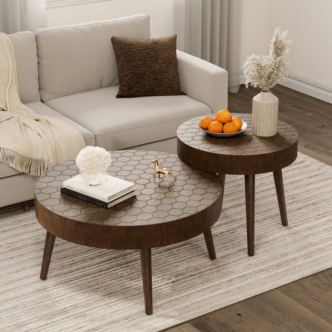 2 Piece Coffee Table Set, Traditional Mdf Round And End Table Set