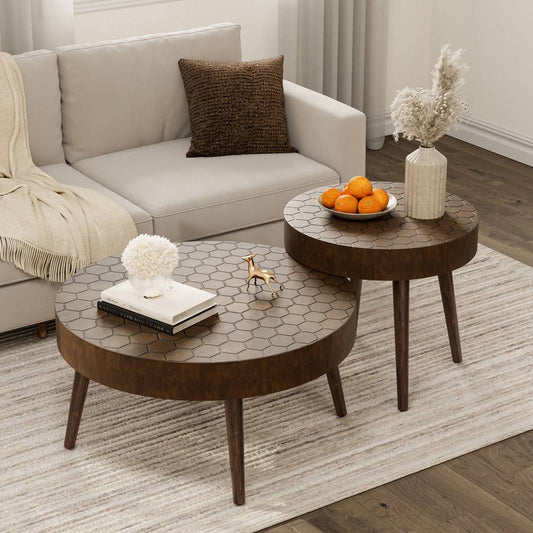 2 Piece Coffee Table Set, Traditional Mdf Round And End Table Set