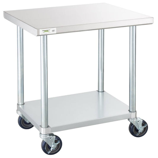 24 X 30 18-Gauge 304 Stainless Steel Commercial Work Table With Galvanized Legs, Undershelf, And Casters