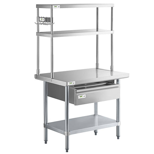 24 X 36 18-Gauge 304 Stainless Steel Commercial Work Table With Undershelf, 12 Overshelf, Drawer, And Pot Rack